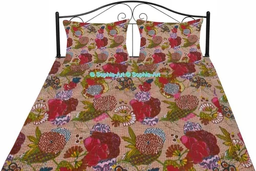 Miniatura 35 de Sophia-Art Colcha reversible de frutas indias para cama individual/king con patrón Gudri de algodón puro estilo Kantha, colcha decorativa con Rosa