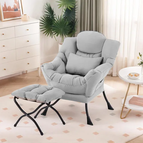 Furlide Silla Lazy con otomana, moderna silla de estar con almohada lumbar, sillón de lectura acogedor y reposapiés plegable para dormitorio, sala