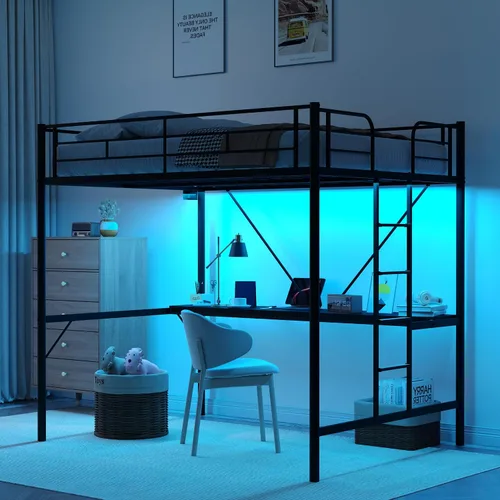 VINGLI - Estructura de cama alta de metal de tamaño individual para niños, adolescentes y adultos con escritorio debajo, 2 estaciones de carga,
