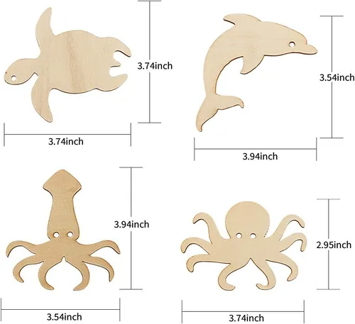 Miniatura 3 de Paquete de 48 recortes de madera sin terminar con formas de animales marinos del océano, pulpo, tiburón, ballena, delfín, tortuga, cangrejo