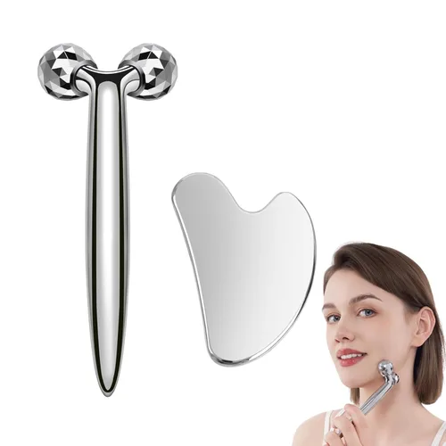 Miniatura 8 de Herramientas faciales Gua Sha 4 en 1, rodillo facial de metal para masaje de drenaje linfático para arrugas y levantamiento, herramienta Gua Sha