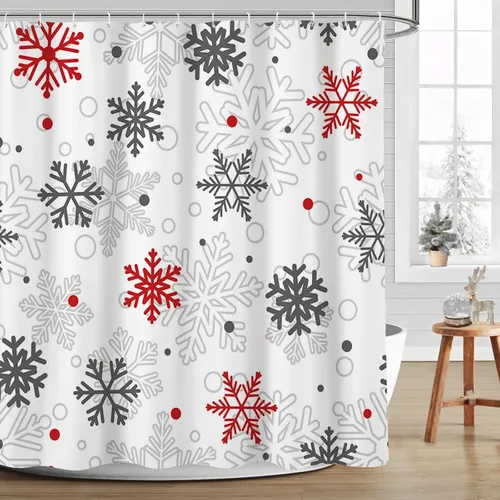 MEHOFOND Cortinas de ducha de invierno de Navidad para baño, cortina de ducha de copo de nieve rojo y gris, decoración de baño, cortina de ducha