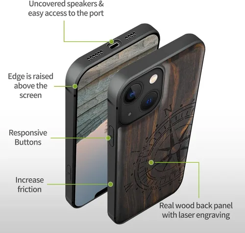 Miniatura 8 de Carveit Funda magnética de madera para iPhone 13 [madera real dura y TPU suave] Funda protectora híbrida de madera única y elegante a prueba