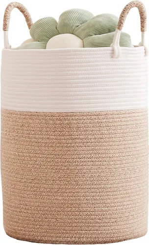 Miniatura 22 de Cesta de lavandería de 62L en negro con cuerda trenzada, cesta de almacenamiento para ropa y mantas, cesta alta y moderna para sala de estar