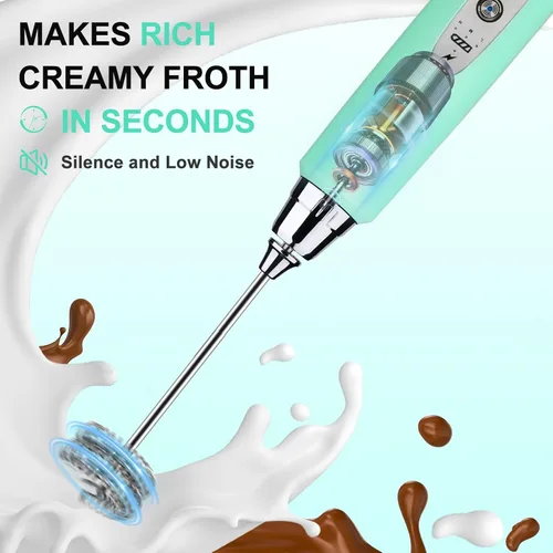 Miniatura 6 de YUSWKO Baby Blue - Varita espumadora de leche de mano para café, batidor eléctrico recargable con 3 cabezales, 3 velocidades, mezclador de bebidas