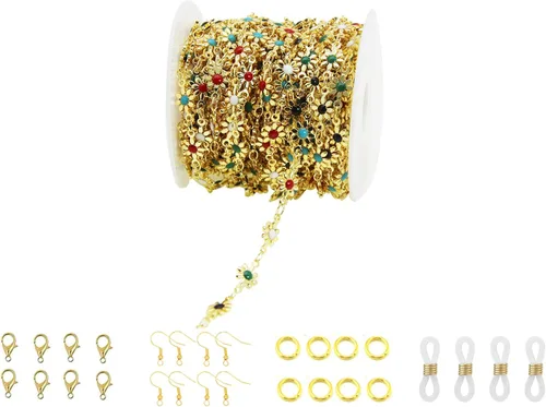 Miniatura 17 de Cadena de eslabones de girasol esmaltada hecha a mano con fornituras de latón chapado en oro para hacer joyas, máscara de vidrio, zapatos, Cc02