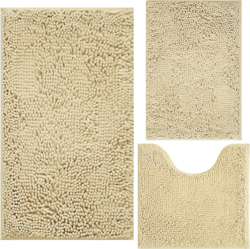 Alfombras de Baño de Chenilla de 3 Piezas Extra Suaves y Absorbentes Shag Beige, Alfombras de Baño, Tapete Lavable a Máquina, Parte Inferior