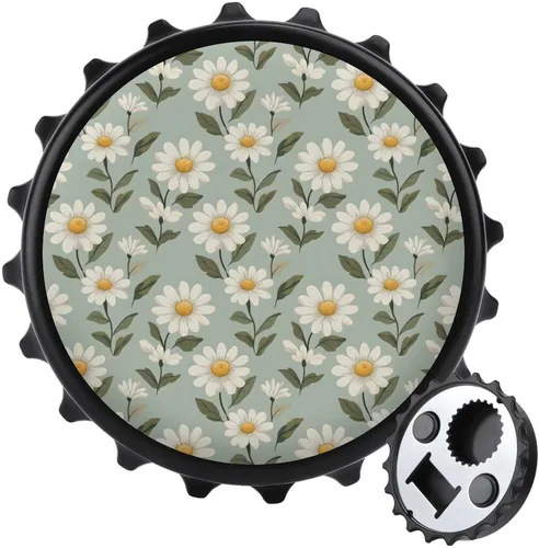 Magnetic Beer Bottle Opener - Vintage Daisy White Print Portable One Handed Small Magnetic Bottle Opener for Fridge with Bartender and Outdoor,