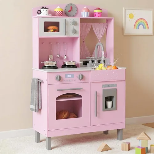 INFANS Cocina para niños, juego de simulación de madera con alturas ajustables, sonidos realistas, máquina de hielo, horno microondas, juguete de