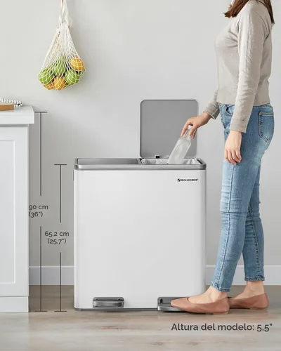 Miniatura 7 de SONGMICS Bote de basura, 2 botes de basura de 8 galones (2 x 30 L) para cocina, con 15 bolsas de basura, 2 compartimentos, cubos interiores