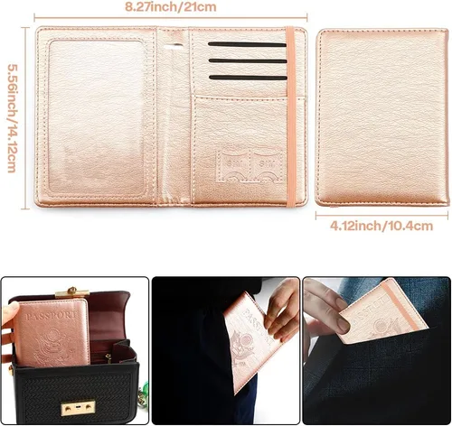 Miniatura 2 de Soporte para pasaporte y tarjetero de vacuna, cartera para pasaporte, funda para pasaporte con bloqueo RFID, Oro Rosa, Compacto