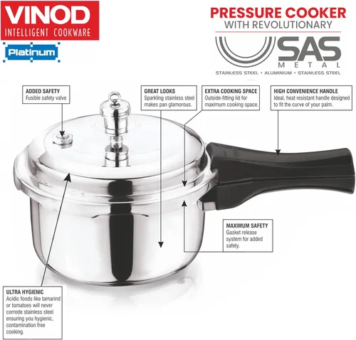Miniatura 6 de Vinod Platinum Olla a presión de acero inoxidable triple con tapa exterior - 5 litros Cocinador de fondo SAS Cocinador de base de inducción