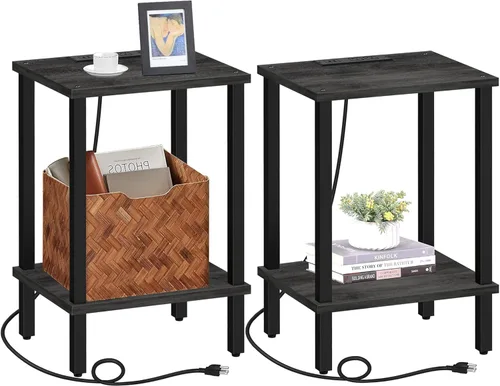 Miniatura 31 de TUTOTAK Mesa auxiliar con estación de carga, pequeña mesa auxiliar con tomas de corriente, mesita de noche, mesa de cabecera, estante de Gris beige