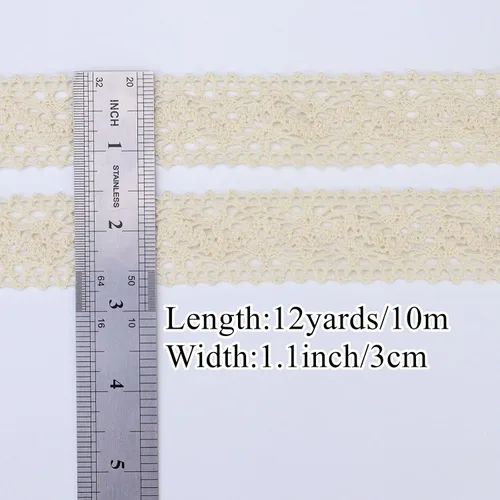 Miniatura 3 de Cinta de encaje beige de 12 yardas, ribete de encaje de algodón para costura y ganchillo para manualidades, envoltura de paquetes de regalo