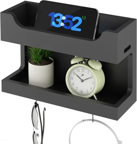 Miniatura 10 de NiHome Organizador Grande de Mesita de Noche de Madera para Montar en la Pared, Estantes de Almacenamiento Dobles y Ganchos Magnéticos, Estante