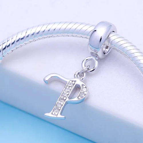 Miniatura 73 de ABUN Abalorio de plata de ley 925 con letra A a la Z, espaciador de inicial, con circonita cúbica transparete colgante, auténtica, para pulseras