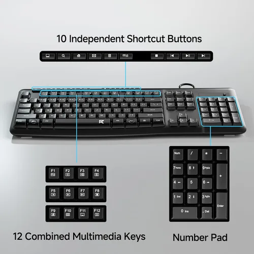 Miniatura 2 de Redragon BK7366 Teclado con cable, Teclado de Computadora USB Multimedia Silencioso, Teclado Silencioso con Teclado Numérico Grande, Resistente a