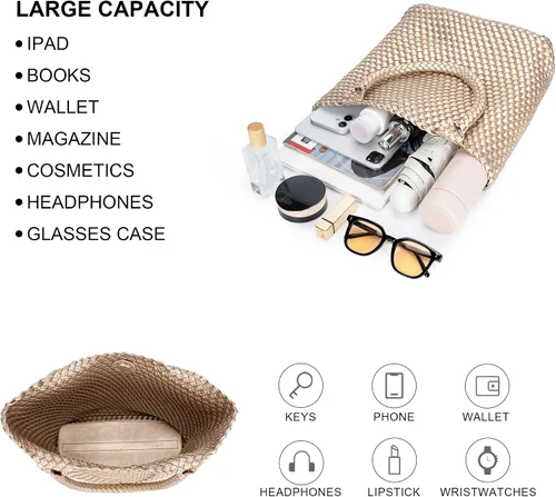 Miniatura 4 de Bolso de mano tejido para mujer, bolso grande de cuero tejido para mujer, elegante bolso de verano para trabajo, viajes, playa