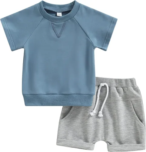 Miniatura 35 de Conjunto de traje de verano para bebé niño pequeño, manga corta, cuello redondo, letras impresas, lindo traje de verano, conjunto de 2 piezas