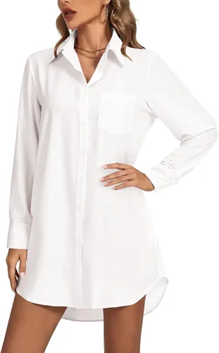 Miniatura 21 de LYANER Vestido camisero para mujer con cuello en V, botones, manga larga y dobladillo curvado