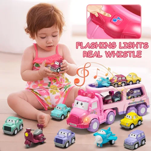 Miniatura 3 de Vehículo de juguete de dibujos animados para niña pequeña, camión transportador rosa 9 en 1 para bebés, automóvil de transporte de energía