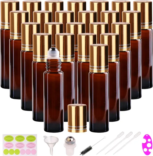 Miniatura 8 de inice 100 botellas de roll-on de 10 ml de vidrio ámbar para aceites esenciales con bolas de rodillo de acero inoxidable y tapa de aleación