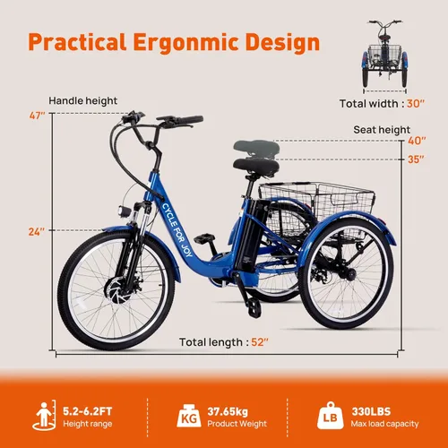 Miniatura 9 de Triciclo eléctrico de 24 pulgadas, triciclo eléctrico para adultos, 350 W (pico 500 W), 7 velocidades, 3 ruedas, bicicletas eléctricas con batería
