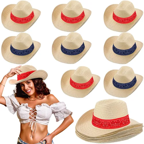 Leumoi 12 sombreros de vaquero occidental con bandana roja, sombrero clásico de paja de vaquero para vaquero, roeo, fiesta temática, cosplay,