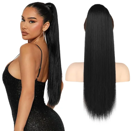 Miniatura 18 de Flufymooz - Extensión de cola de caballo de 26 pulgadas, extensiones de cabello con cordón y clip rectas, cola de caballo falsa natural suave