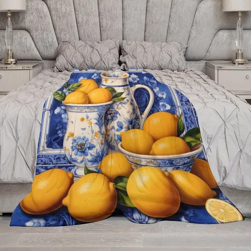 Miniatura 6 de Manta mediterránea de limón sobre azulejos de cerámica azul, manta de felpa de vellón de felpa con hojas de frutas tropicales, manta suave