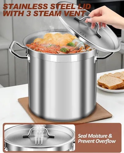Miniatura 4 de Olla de 20 cuartos de galón - Olla de acero inoxidable con tapa – Olla de cocina resistente para sopa, guisado, pasta – Uso comercial y doméstico