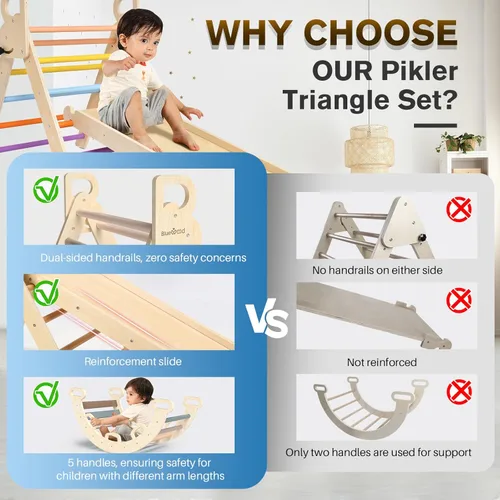 Miniatura 5 de BlueWood Pikler - Juego de triángulos 7 en 1 plegables, juguetes de escalada Montessori de madera con arco y rampa y escalera, escalador para bebés