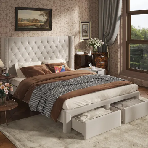 Miniatura 7 de CIKUNASI Base de cama tapizada de terciopelo tamaño Queen con cabecera y almacenamiento, marco de cama alto con 2 cajones, base de cama copetuda