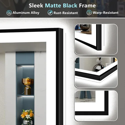 Miniatura 9 de 24x30 Espejo de baño LED con marco negro con luces, retroiluminado + iluminación frontal, espejo de tocador iluminado antivaho para pared de baño