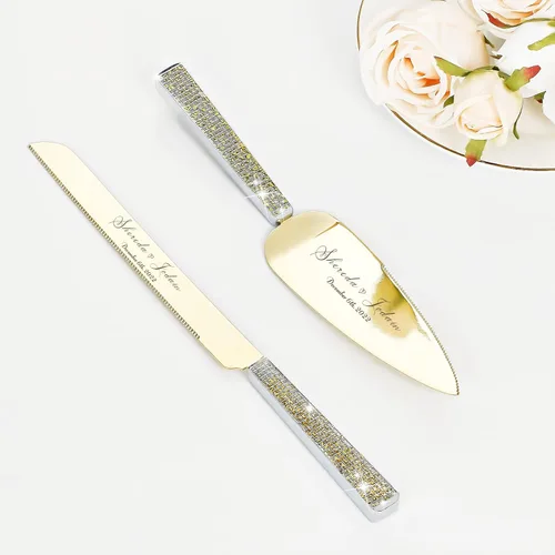 Juego de cuchillo y servidor para pastel de boda, juego de corte de pastel personalizado, elegantes cortadores de pasteles grabados con diamantes
