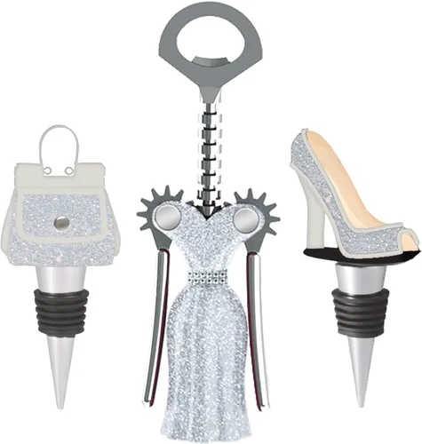 JUEGO DE VINO DE MODA 3 PIEZAS. SACACORCHOS ALASCOS, TACÓN ALTO TACÓN, TAPÓN DE VINO DE BOLSILLO. JUEGO DE REGALO DE VINO DE MODA. BLANCO Y PLATA,