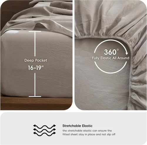 Miniatura 6 de MooMee – Juego de sábanas 100% algodón lavado con textura parecida al lino transpirable duradero suave cómodo (gris crema moteado, Queen)
