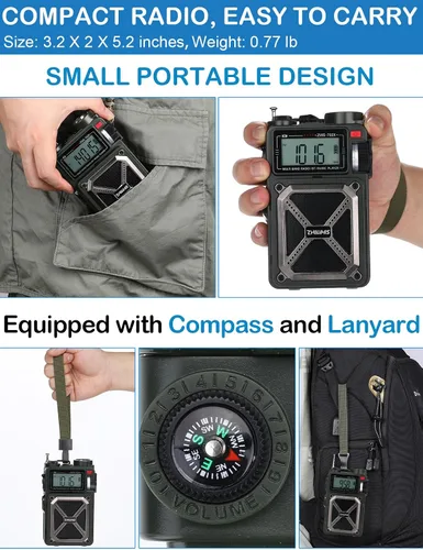 Miniatura 8 de ZHIWHIS Radio de onda corta con Bluetooth, radios de emergencia meteorológica AM/FM/SW/NOAA, manivela/solar/4000mAh/SOS/ruido