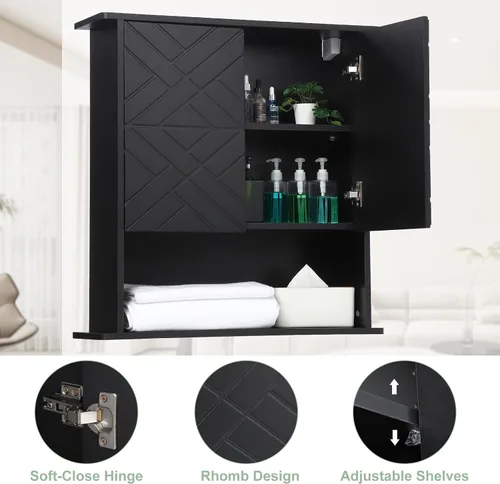 Miniatura 4 de GAOMON Botiquín con dos puertas, armario de almacenamiento de madera para baño montado en la pared con estante ajustable y toallero, gabinete de 2