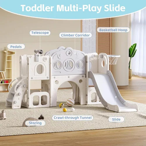 Miniatura 4 de Tobogán 8 en 1 para niños pequeños, juego para interiores y exteriores para niños de 1 a 3 años, tobogán escalador para niños con espacio de Gris