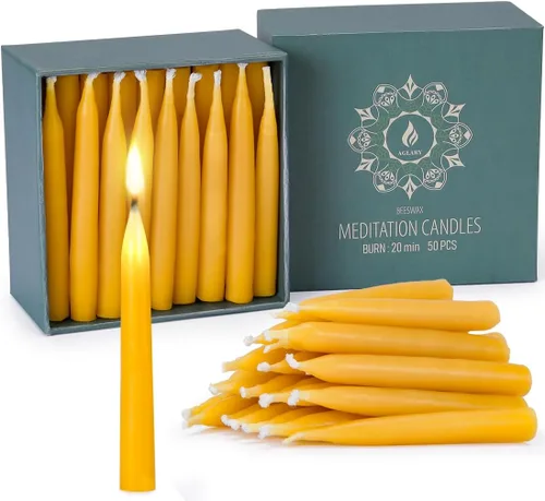 Velas de cera de abeja pura de 20 minutos, velas de meditación sin goteo, mini velas cónicas, juego de 50 sin portavelas de latón 50 unidades
