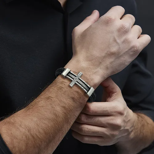 Miniatura 5 de Pulsera de cuero con cruz para hombre, de acero inoxidable, religiosa y religiosa con cruz lateral, pulsera de oración cristiana, regalo para hombres