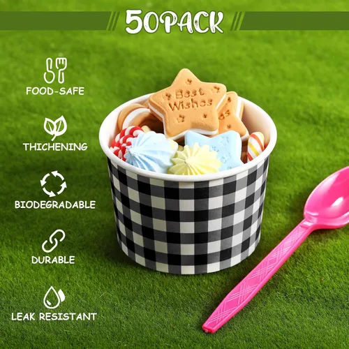 Miniatura 4 de Sieral Paquete de 50 tazas de papel de helado de guingán de 9 onzas, cuencos desechables de picnic, postre de búfalo a cuadros, cuenco de papel a