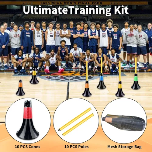 Miniatura 5 de Conos de obstáculos para baloncesto, fútbol y entrenamiento deportivo, 10 conos y 10 bastones con bolsa de transporte, conos de baloncesto y postes