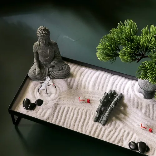 Miniatura 3 de BangBangDa Decoración japonesa de meditación, decoración de bonsái para oficina en casa para escritorio de mesa, decoración de mesa de arena de roca
