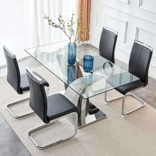 Miniatura 4 de AZmac Juego de mesa de comedor de cristal para 4, juego de mesa de comedor de 63 pulgadas para 4, mesa de cocina moderna y 4 sillas de comedor