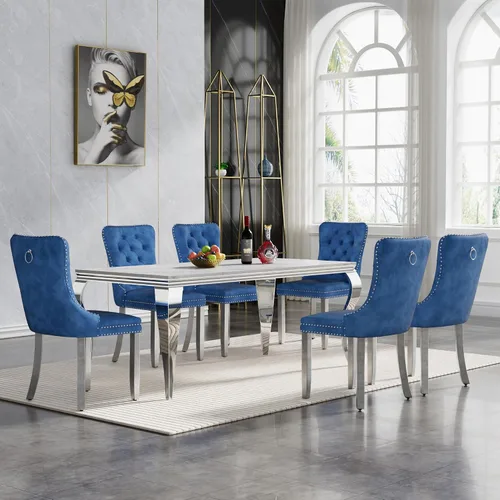 Miniatura 67 de HomVent Juego de mesa de comedor moderna de mármol sintético para 4 personas, mesa de cocina rectangular con 4 sillas beige (dorado)