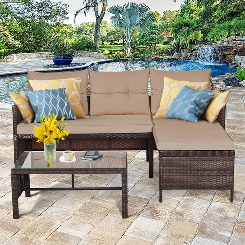 Miniatura 2 de Tangkula juego de sofá de esquina para patio de 3 piezas, juego de sofá de ratán para exteriores, incluye chaise lounge, sofá doble y mesa auxiliar