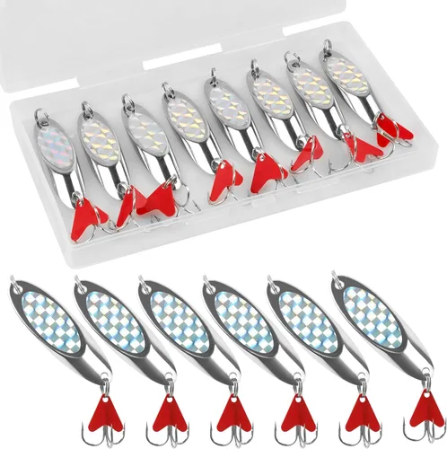 Cucharas de pesca, 8 cucharas de metal de fundición de metal, cuchara de lucio, señuelos de trucha con ganchos agudos para lubina, trucha, salmón,