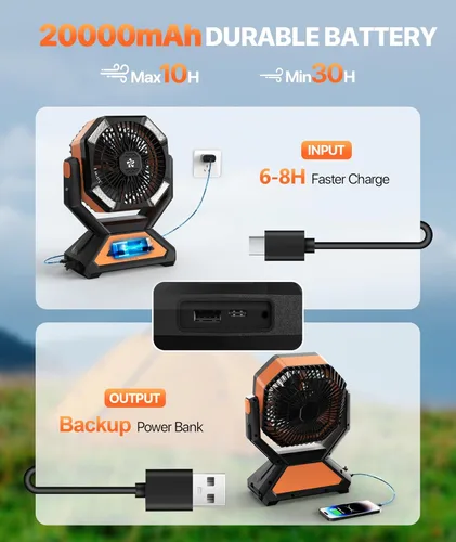 Miniatura 4 de Ventilador recargable portátil para tiendas de campaña, 20000 mAh, funciona con pilas, luces de campamento con gancho remoto, 4 temporizadores/4